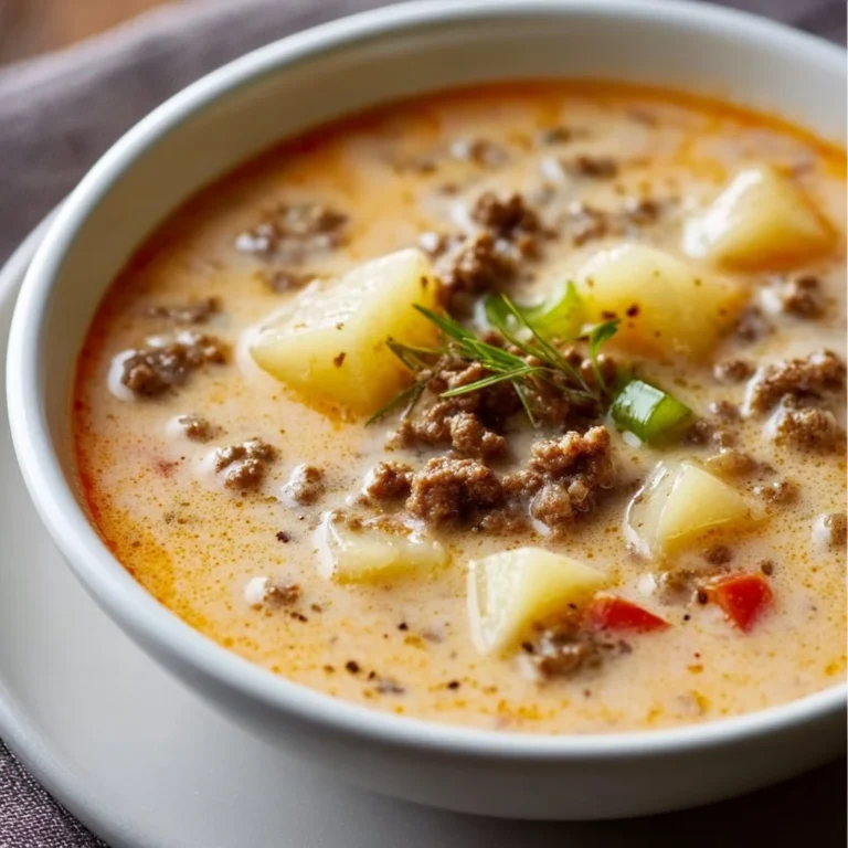 Bowl of creamy potato hamburger soup garnished with herbs and bread