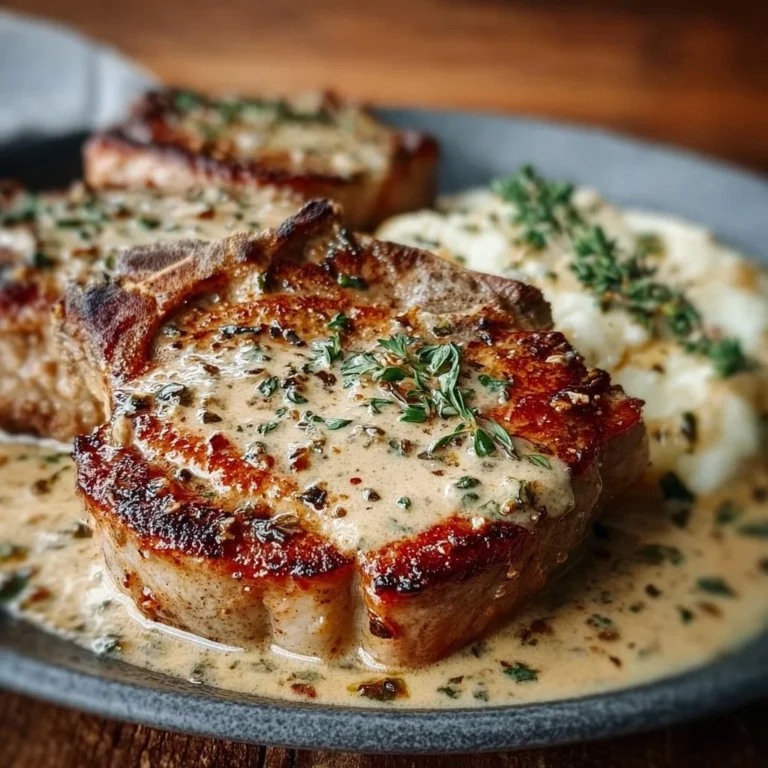 Creamy smothered pork chops served on a plate with sides of vegetables.