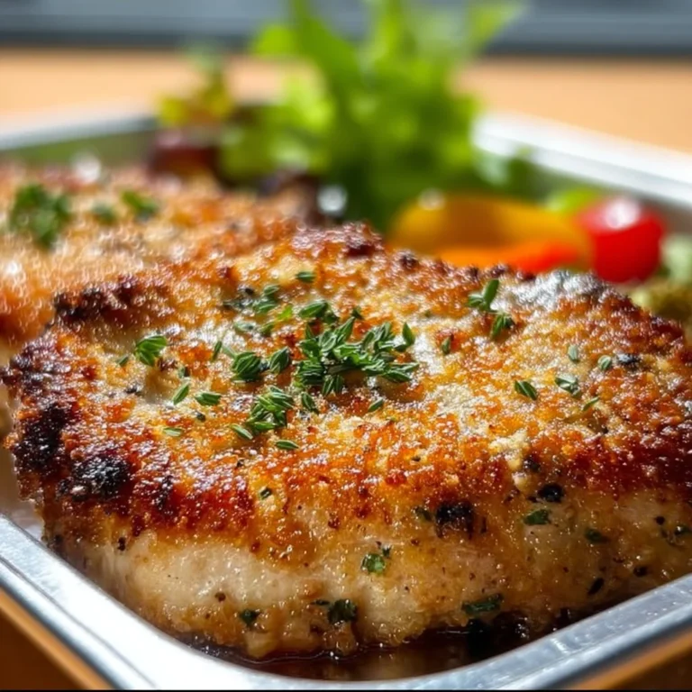 Crispy baked Parmesan pork chops on a plate with herbs