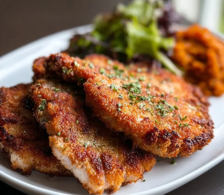 Crispy fried pork chops served with sides on a white plate.
