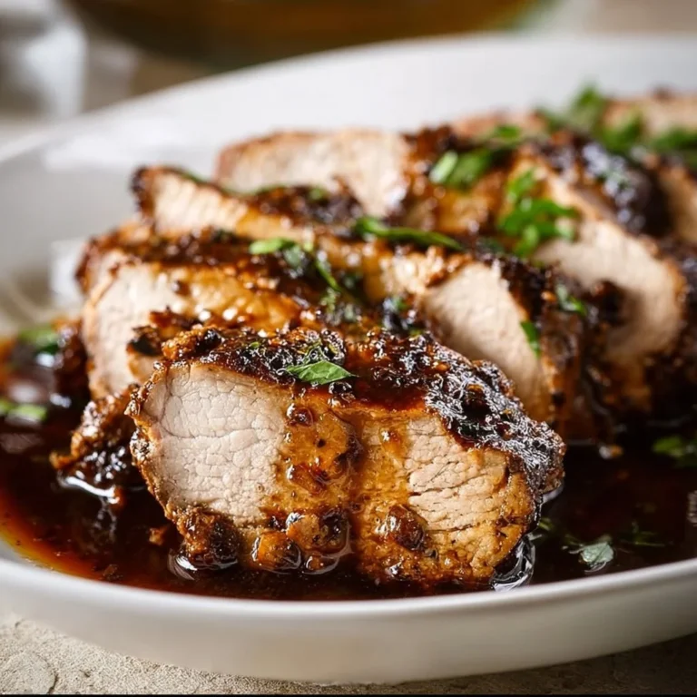 Crockpot Brown Sugar Pork Tenderloin served on a plate with garnish.