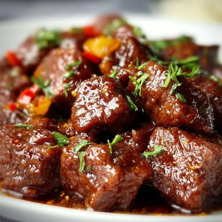 Delicious Crockpot steak bites served on a plate with seasoning and garnish