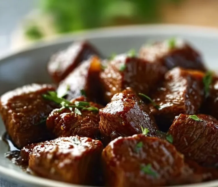 Delicious Crockpot steak bites served with herbs and spices.