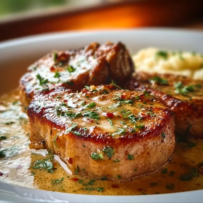 Delicious smothered boneless pork chops served with gravy and sides.