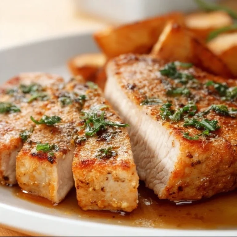 Easy baked boneless pork chops ready to serve on a plate.