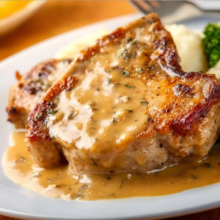Delicious easy baked pork chops served with rich gravy on a plate