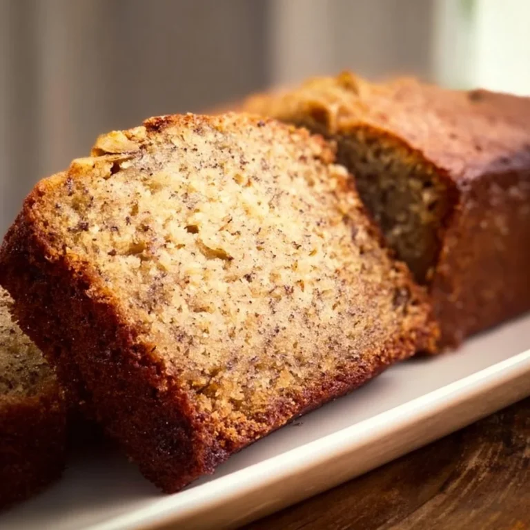 Deliciously moist easy banana bread served on a wooden table