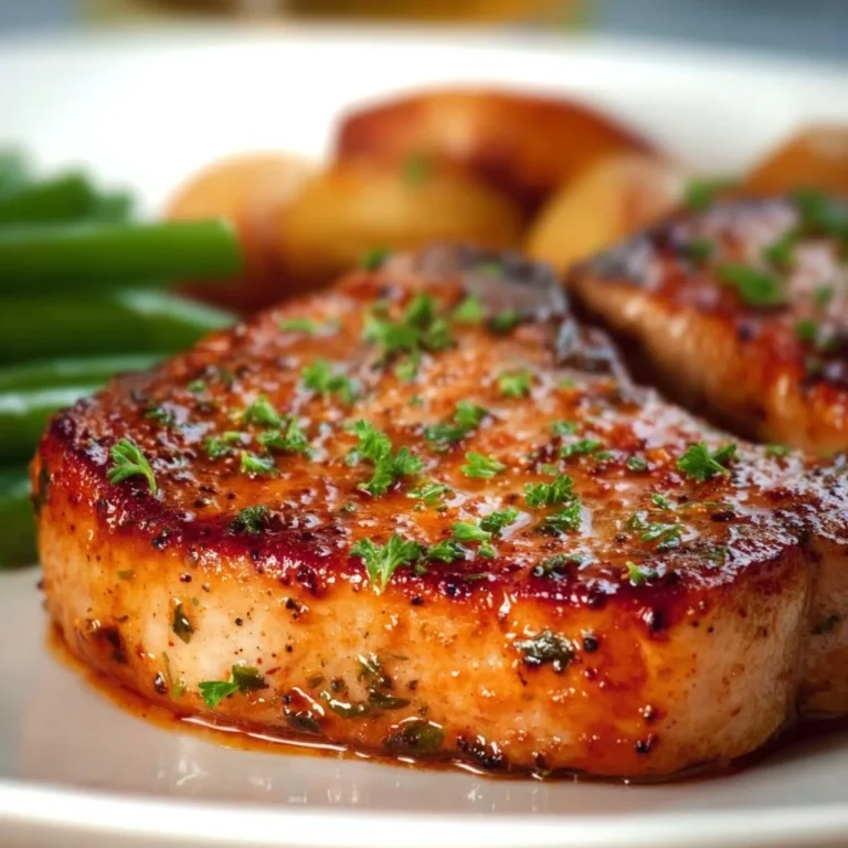 Juicy oven baked pork chops served with vegetables