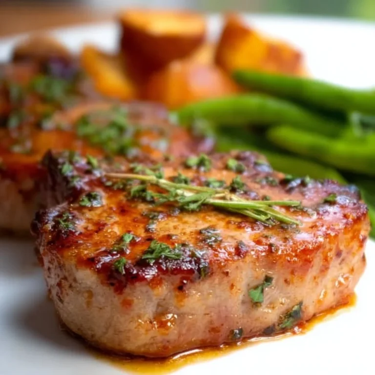 Plate of easy oven baked pork chops served with vegetables