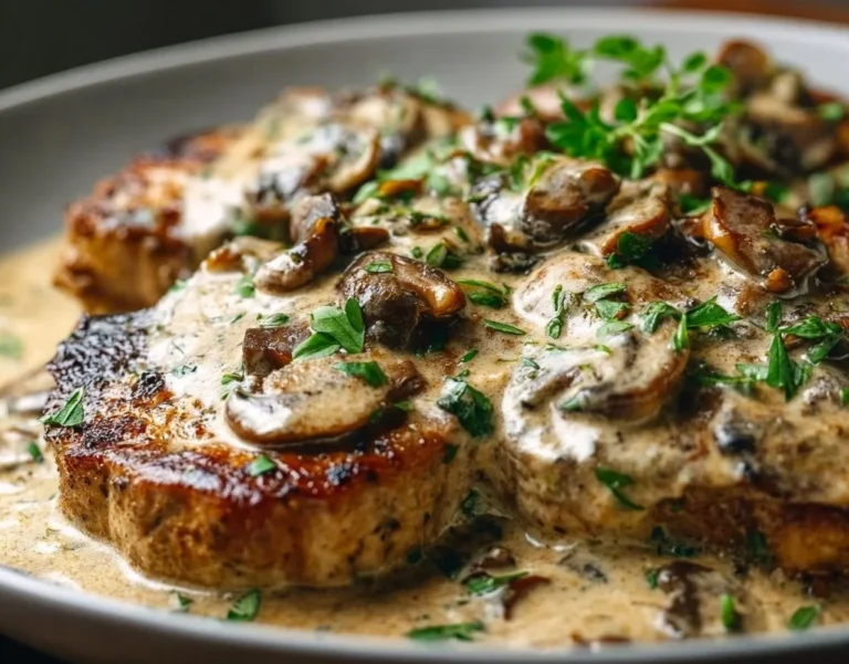 Cream of mushroom pork chops cooked in a skillet with mushrooms and herbs