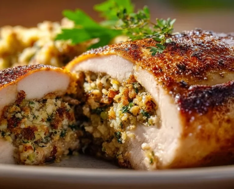 Delicious easy stuffed pork chops with homemade stuffing on a plate