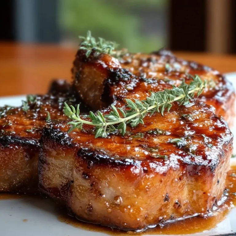 Bourbon glazed pork chops served with vegetables on a plate