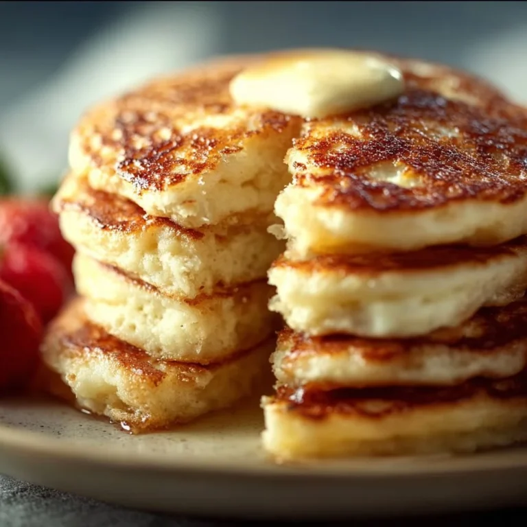 Flourless cottage cheese pancakes served on a plate with fresh fruits