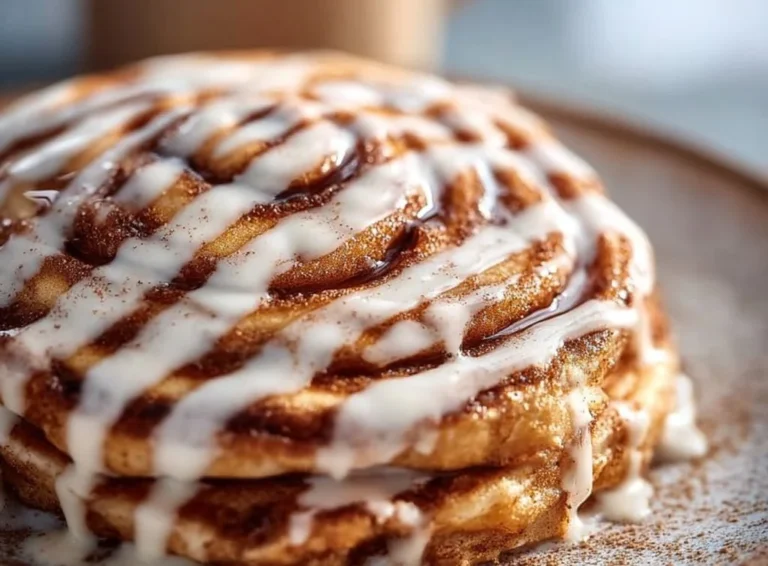 Fluffy cinnamon roll pancakes drizzled with icing on a plate