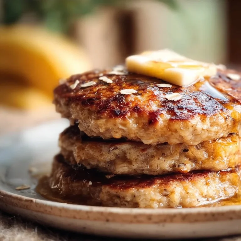 Fluffy gluten-free banana oat pancakes topped with fresh fruit