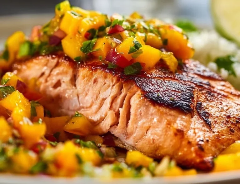 Fresh salmon fillet served with mango salsa on a white plate