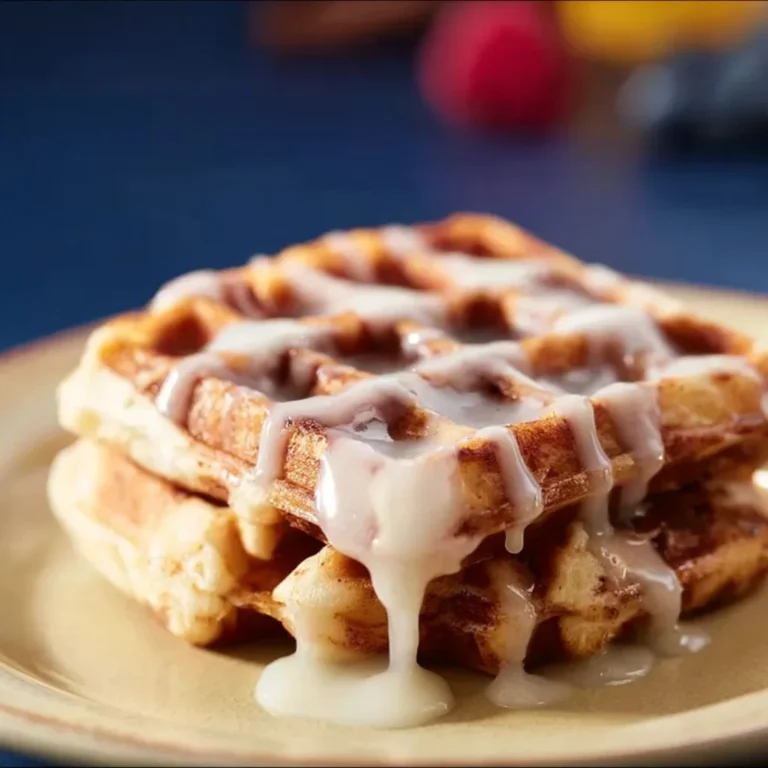 Gluten free cinnamon roll waffles served with icing and cinnamon sprinkles