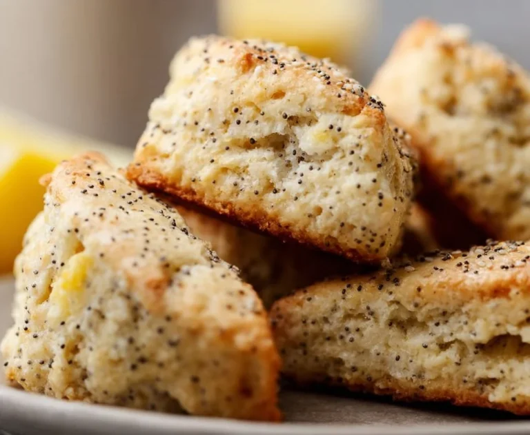 Gluten-free lemon poppyseed scones with a lemon glaze on a plate