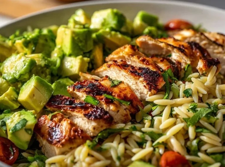 Grilled chicken orzo salad topped with creamy avocado slices