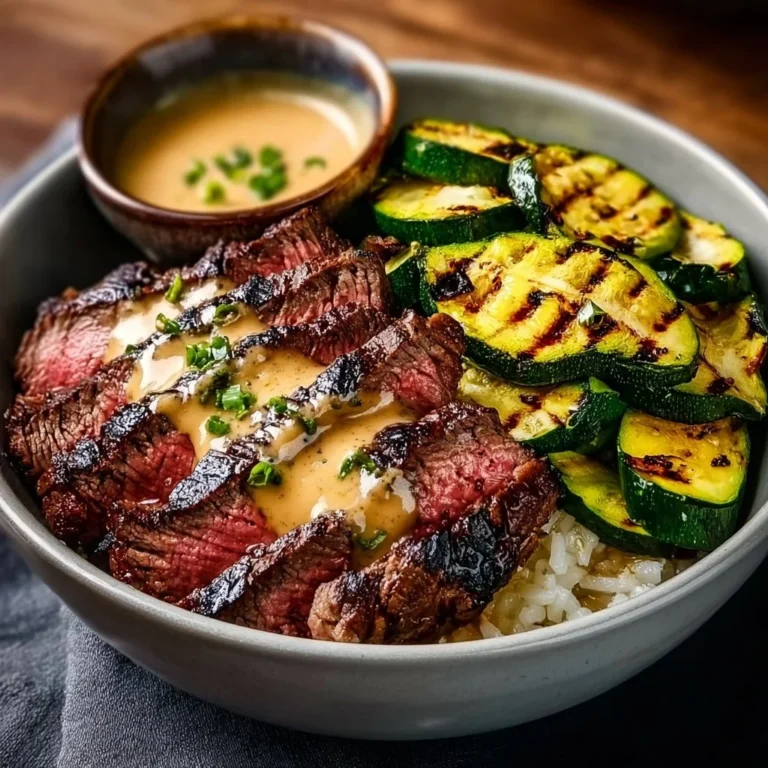 Grilled Steak Bowl with sauce and grilled zucchini served in a bowl