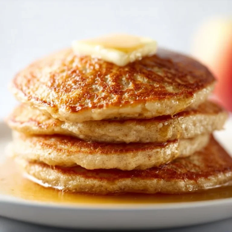 Healthy oatmeal apple pancakes stacked on a plate with syrup and apples