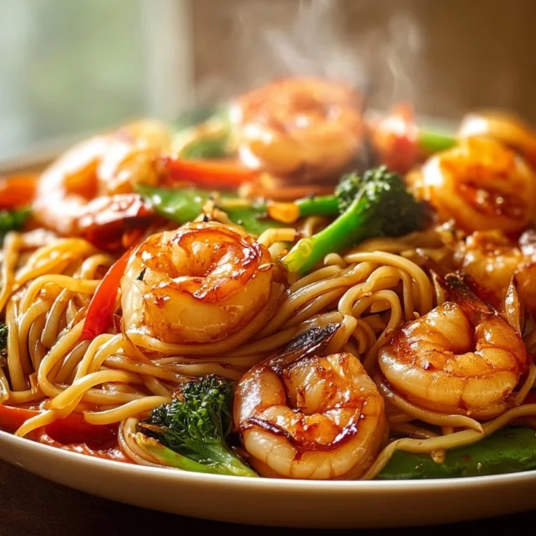 High-protein one-pan shrimp stir fry with colorful vegetables and noodles