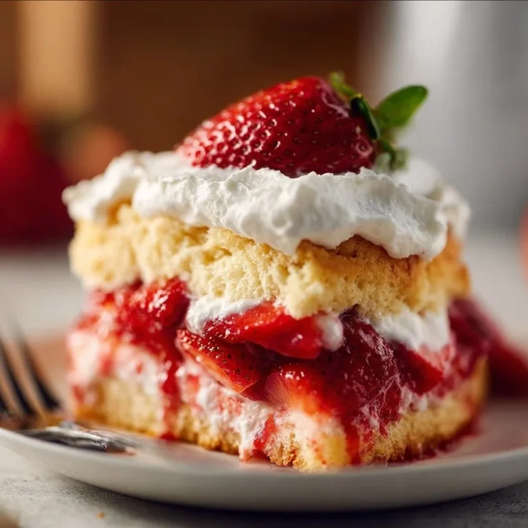 Homemade strawberry shortcake topped with fresh strawberries and whipped cream