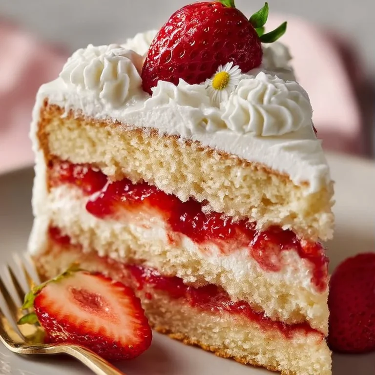 Irresistible strawberry shortcake cake topped with fresh strawberries and whipped cream.