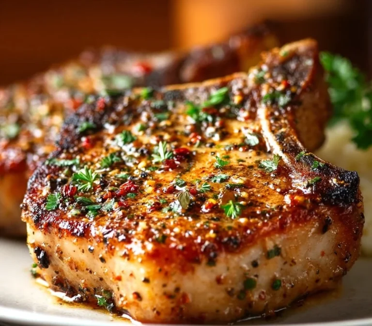 Juicy baked pork chops ready to serve with seasoning and sides
