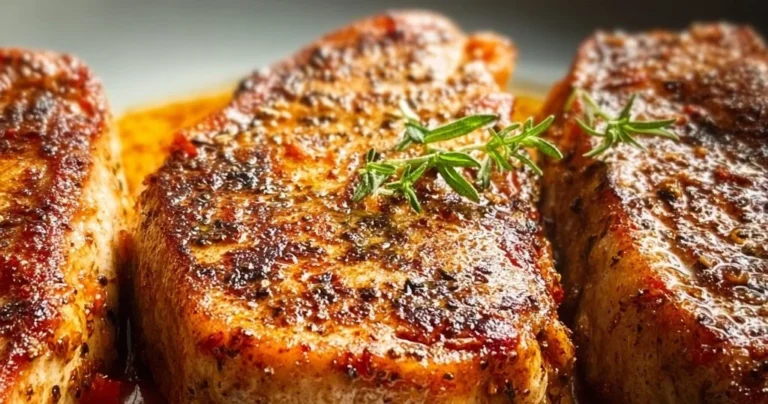 Juicy oven baked boneless pork chops on a plate with herbs and spices