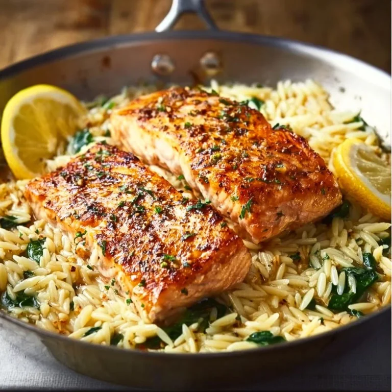 One skillet salmon dish served with lemon orzo on a plate