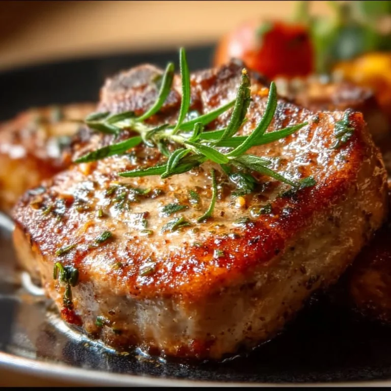 Delicious pan-fried pork chops served on a plate with seasoning
