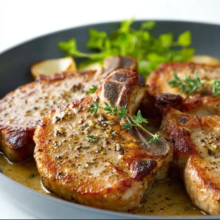 Delicious pan fried pork chops served with herbs and spices