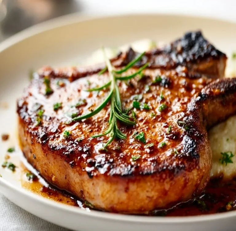 Pan-seared brown sugar pork chops garnished and served on a plate