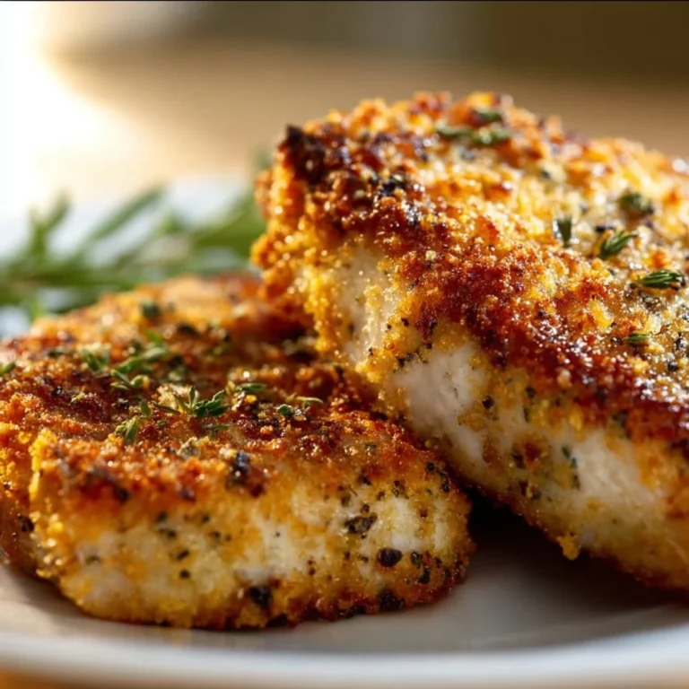 Delicious Parmesan Baked Pork Chops garnished with herbs on a plate.