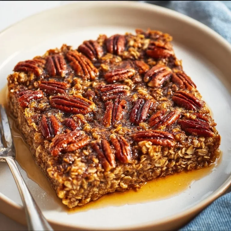 Delicious pecan pie baked oatmeal topped with pecans and maple syrup