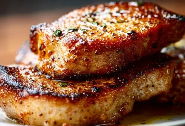 Deliciously seared pork chops on a plate, ready to be served.