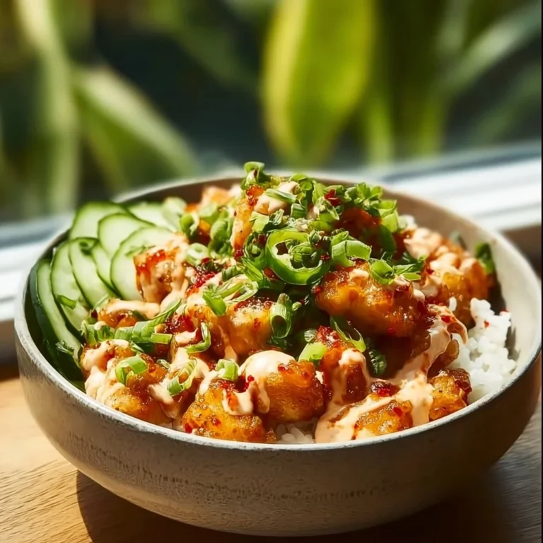 A vibrant Bang Bang Chicken bowl filled with fresh veggies and creamy sauce.