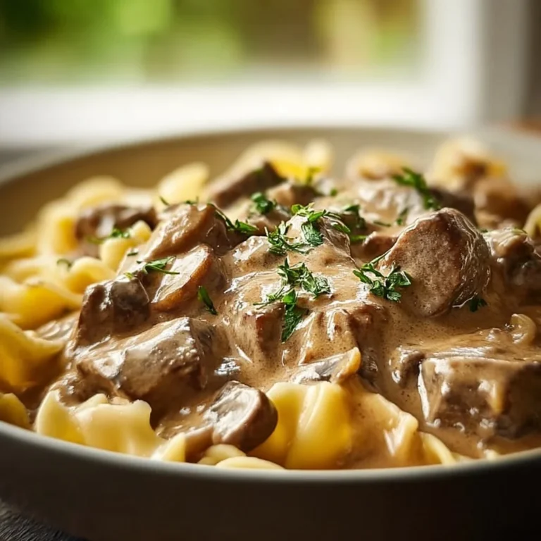Delicious slow cooker beef stroganoff served in a bowl with noodles