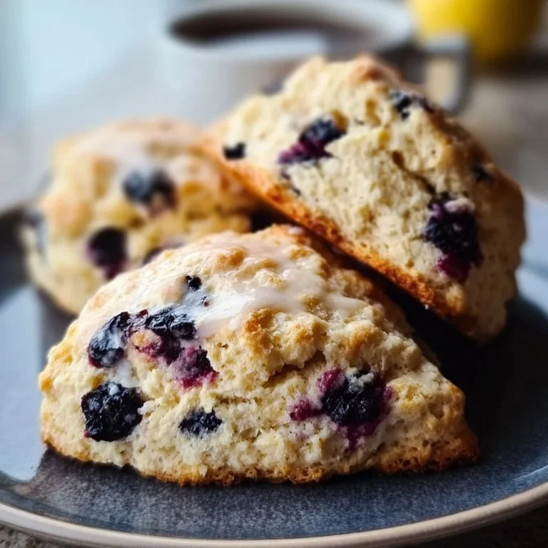 Soft gluten-free lemon blueberry scones on a rustic wooden table