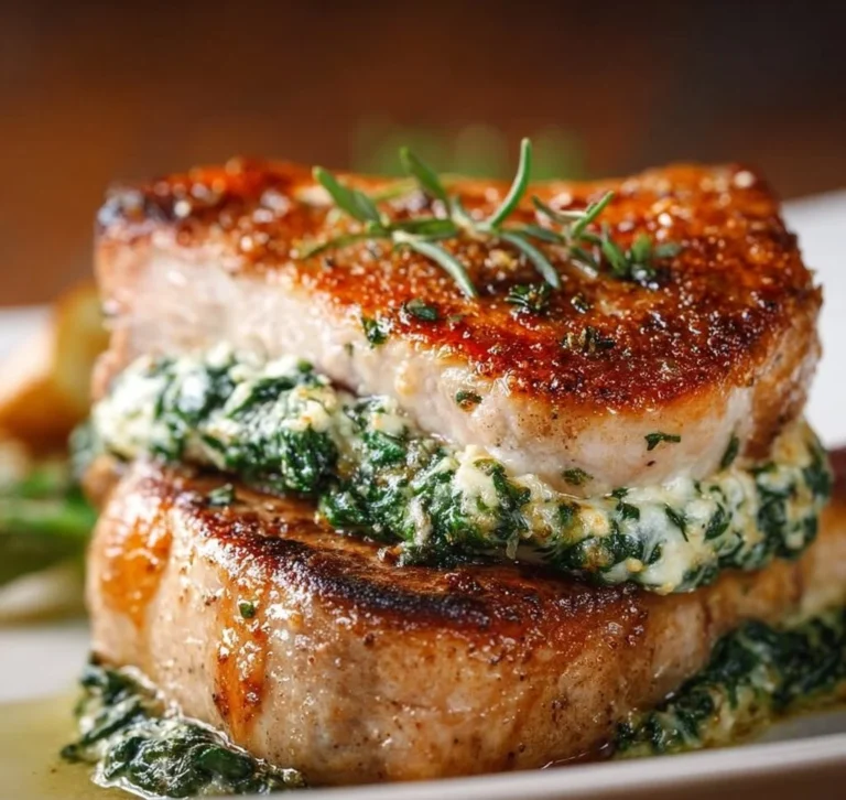Spinach and cheese stuffed pork chops on a plate