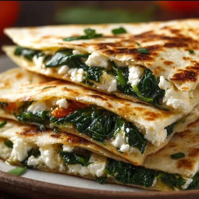 Spinach and feta quesadilla served on a plate, garnished with fresh herbs.