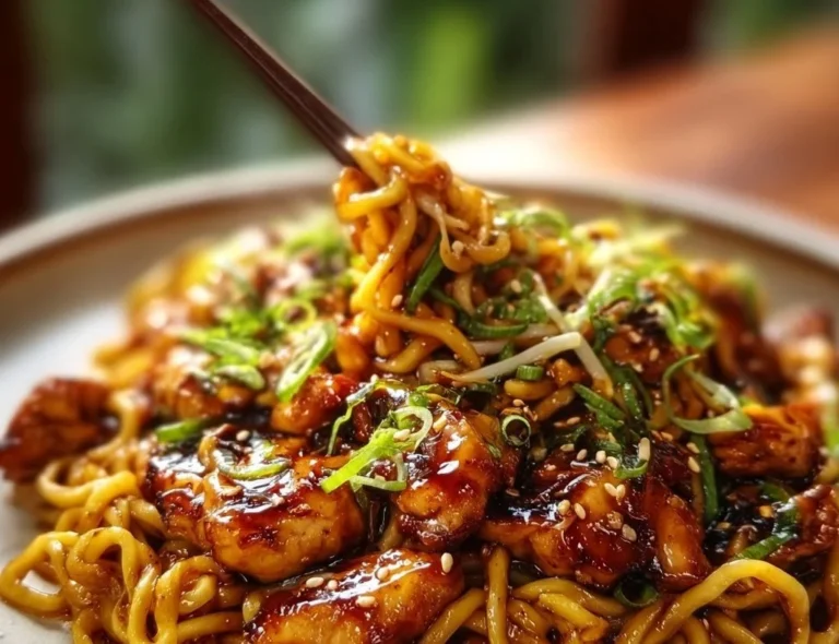 Delicious plate of sticky garlic chicken noodles garnished with green onions