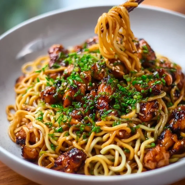 Sticky garlic chicken noodles dish garnished with fresh herbs and vegetables