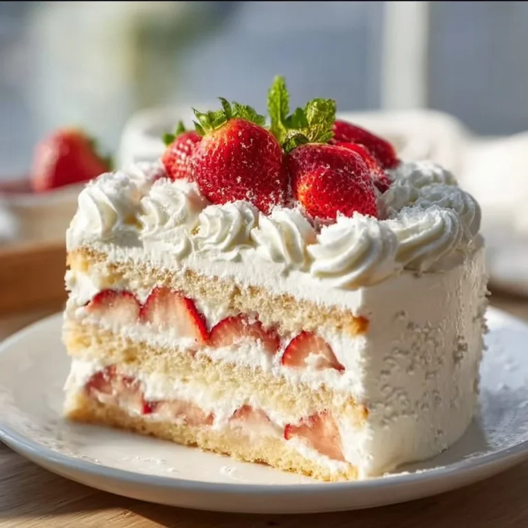 Delicious strawberry shortcake cake topped with fresh berries and whipped cream