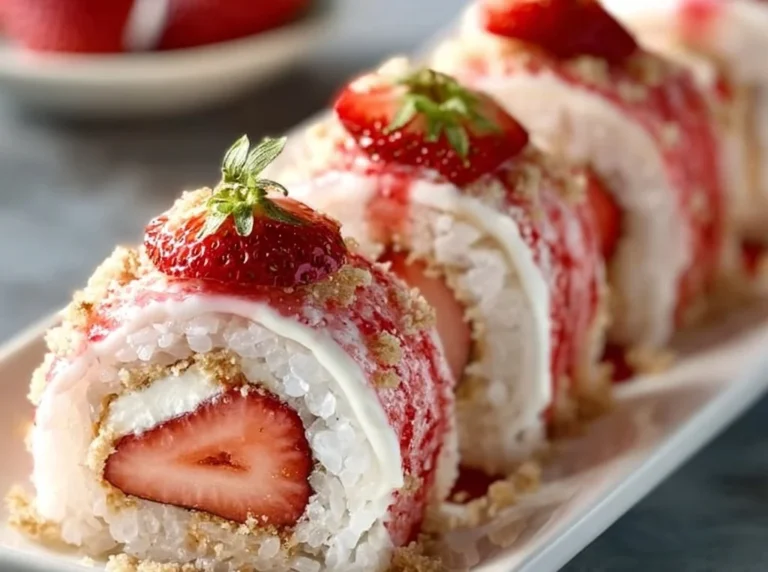 Strawberry shortcake cheesecake sushi rolls with fresh strawberries and cream