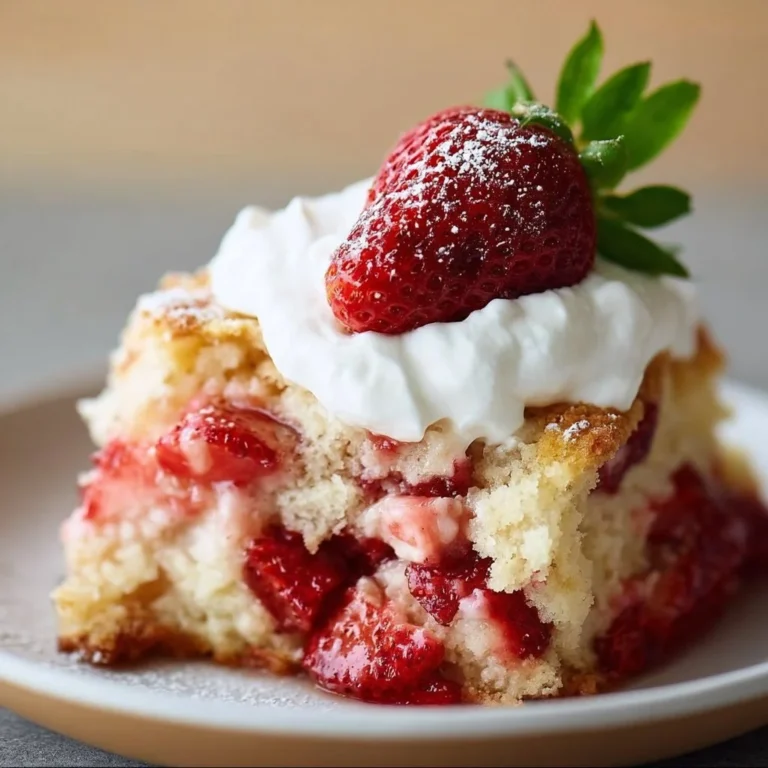 Delicious Strawberry Shortcake Dump Cake topped with fresh strawberries and whipped cream