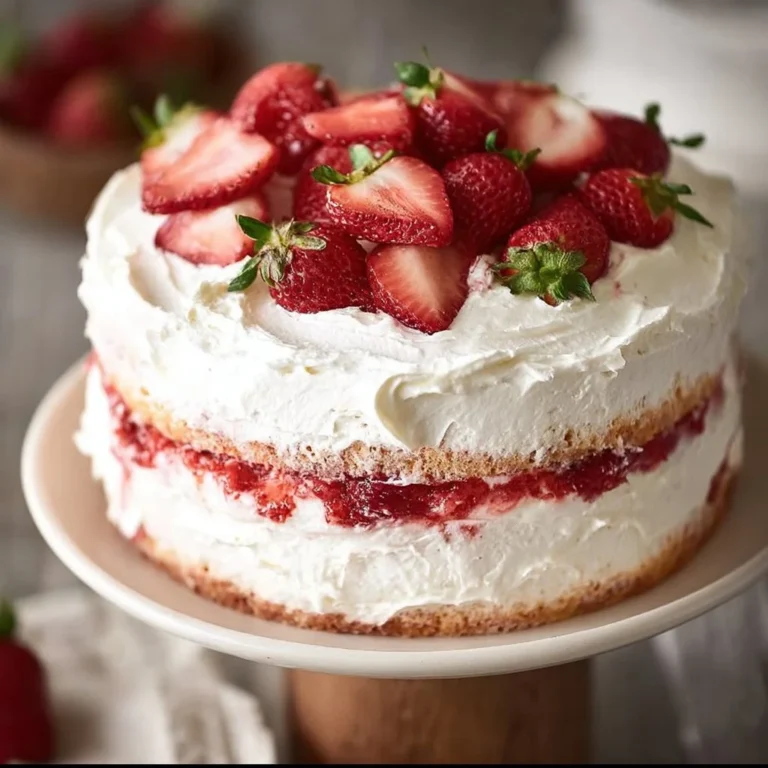 Delicious Strawberry Shortcake Layer Cake with fresh strawberries and whipped cream