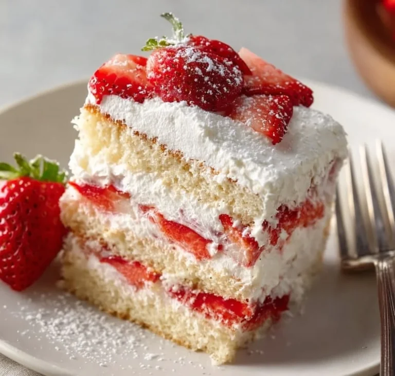 Layered Strawberry Shortcake with fresh strawberries and whipped cream layers