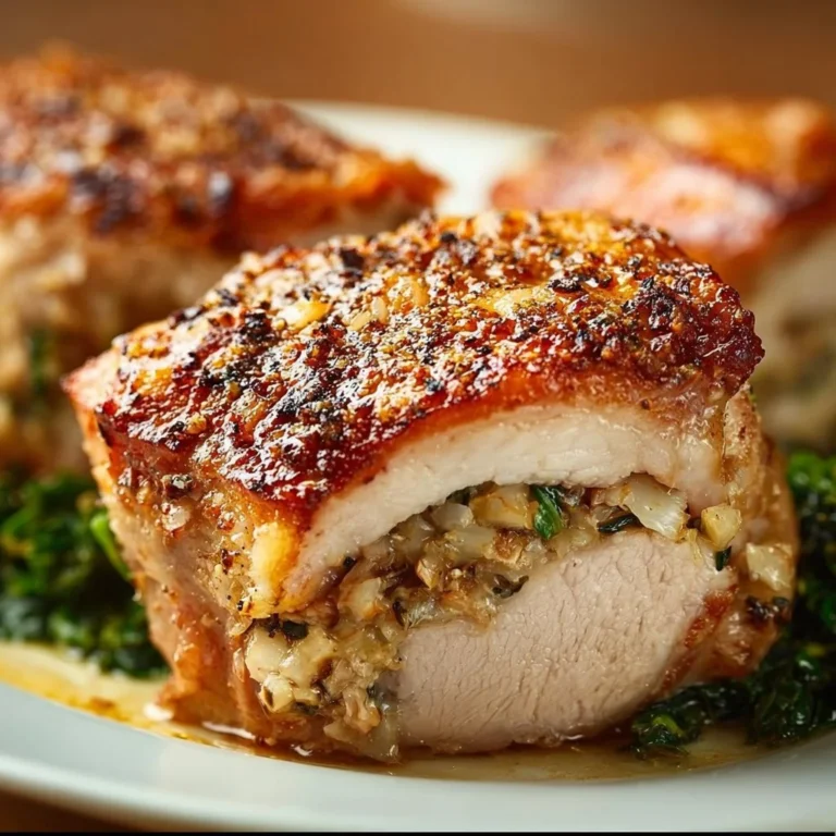 A plate of flavorful stuffed pork chops garnished with herbs.